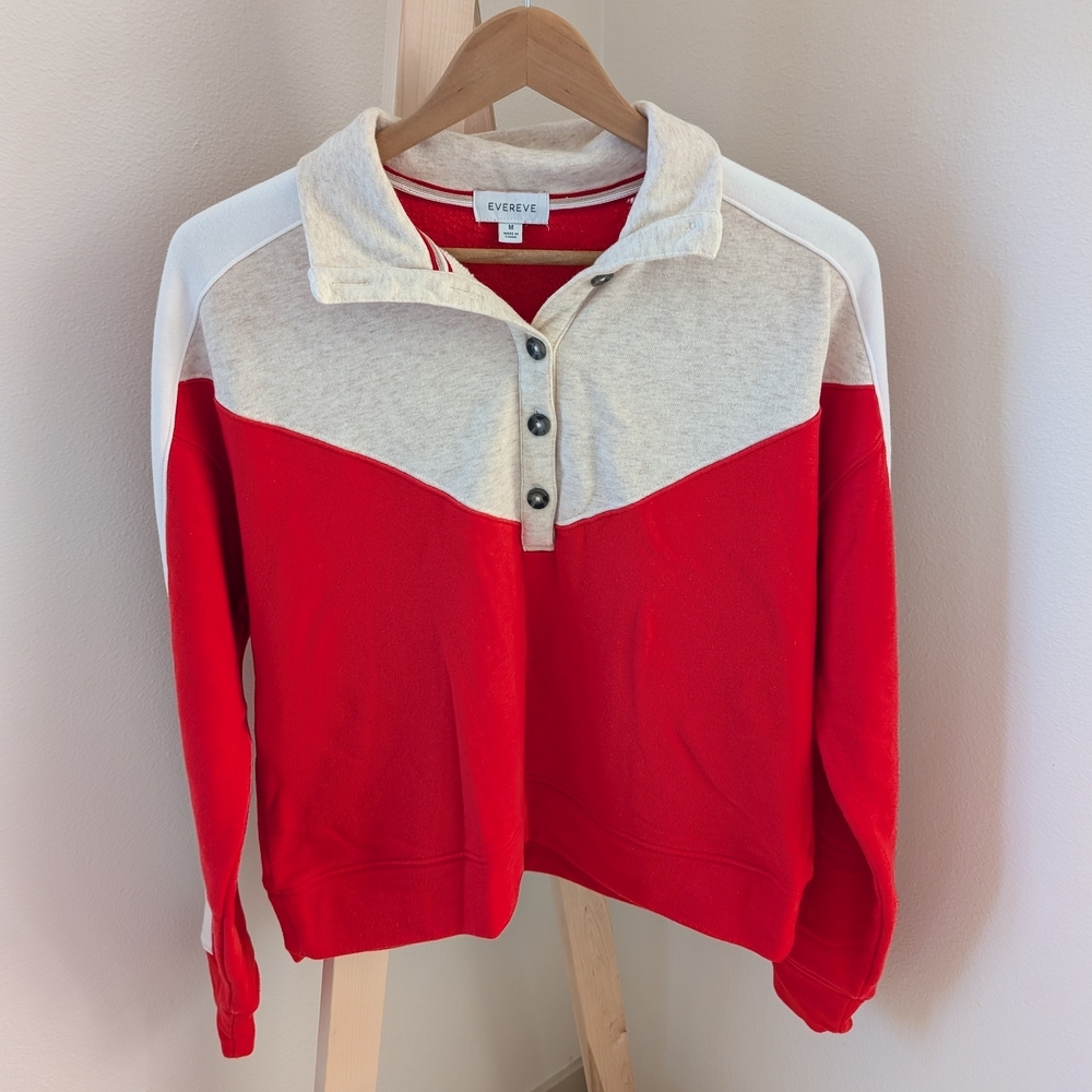 Evereve Mika Colorblock Quarter Button-front Collared Polo Henley In Red/Oat - M - Picture 3 of 6